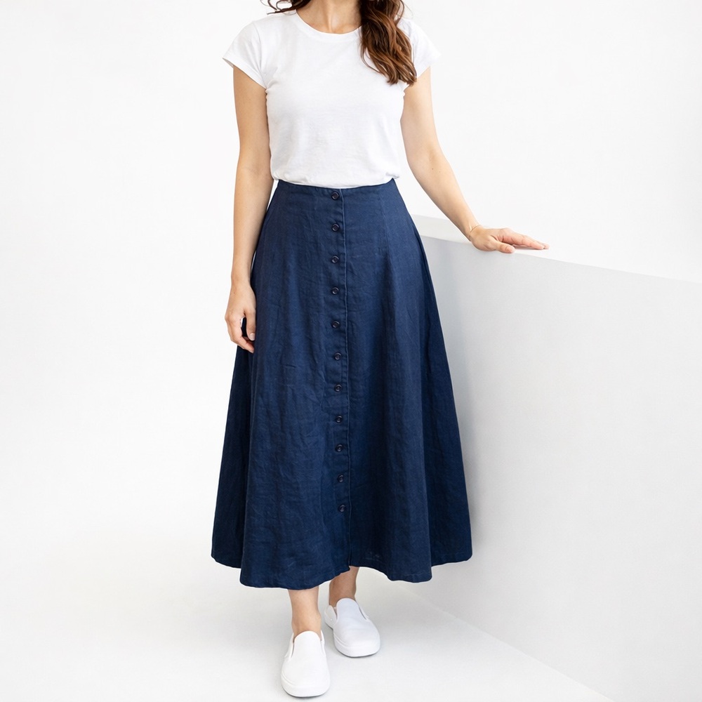 REFORMATION Navy Blue Button-Down LINEN COTTON Skirt SIZE 6